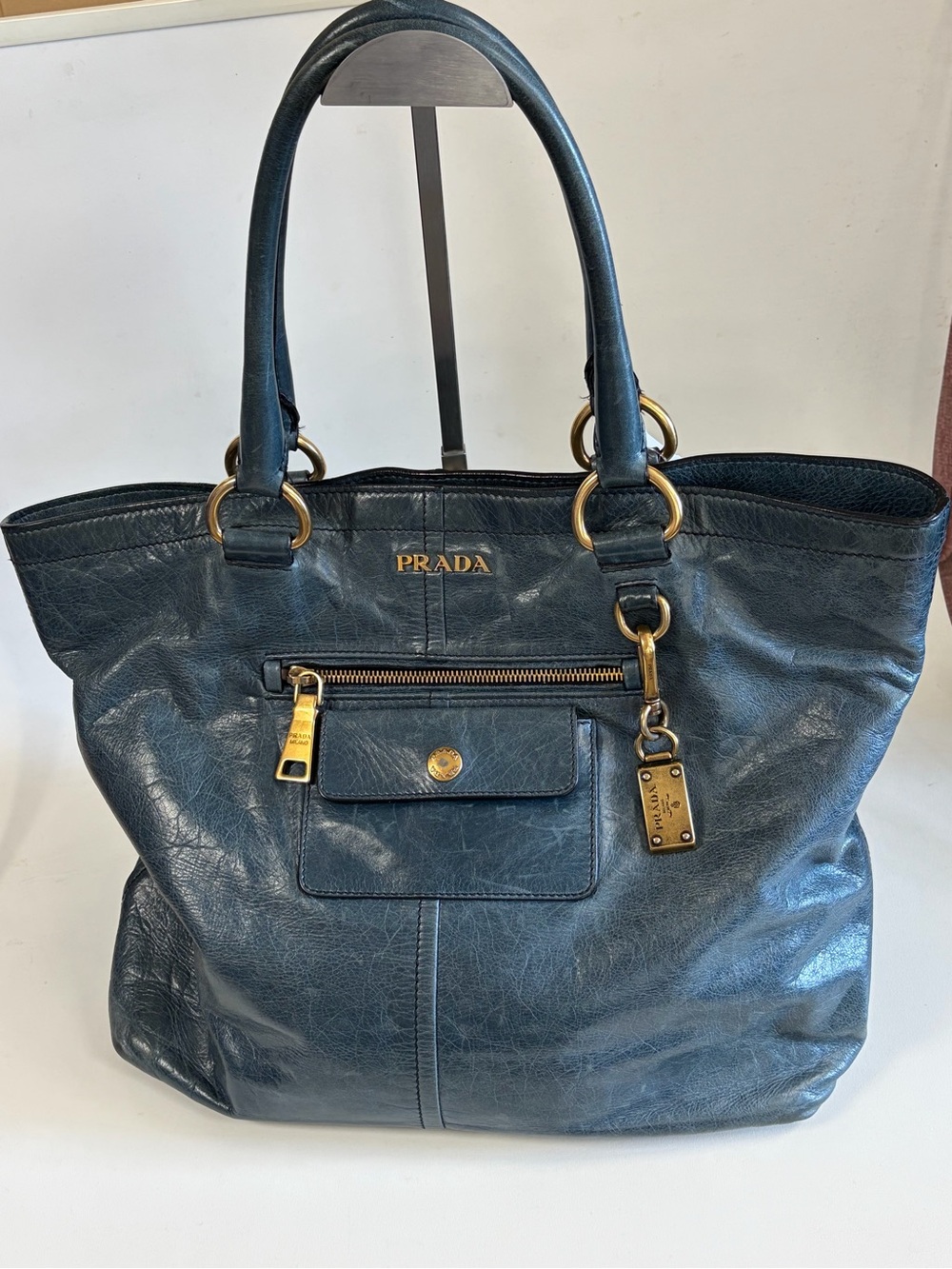 Prada Dark Teal Leather Tote with Gold Hardware